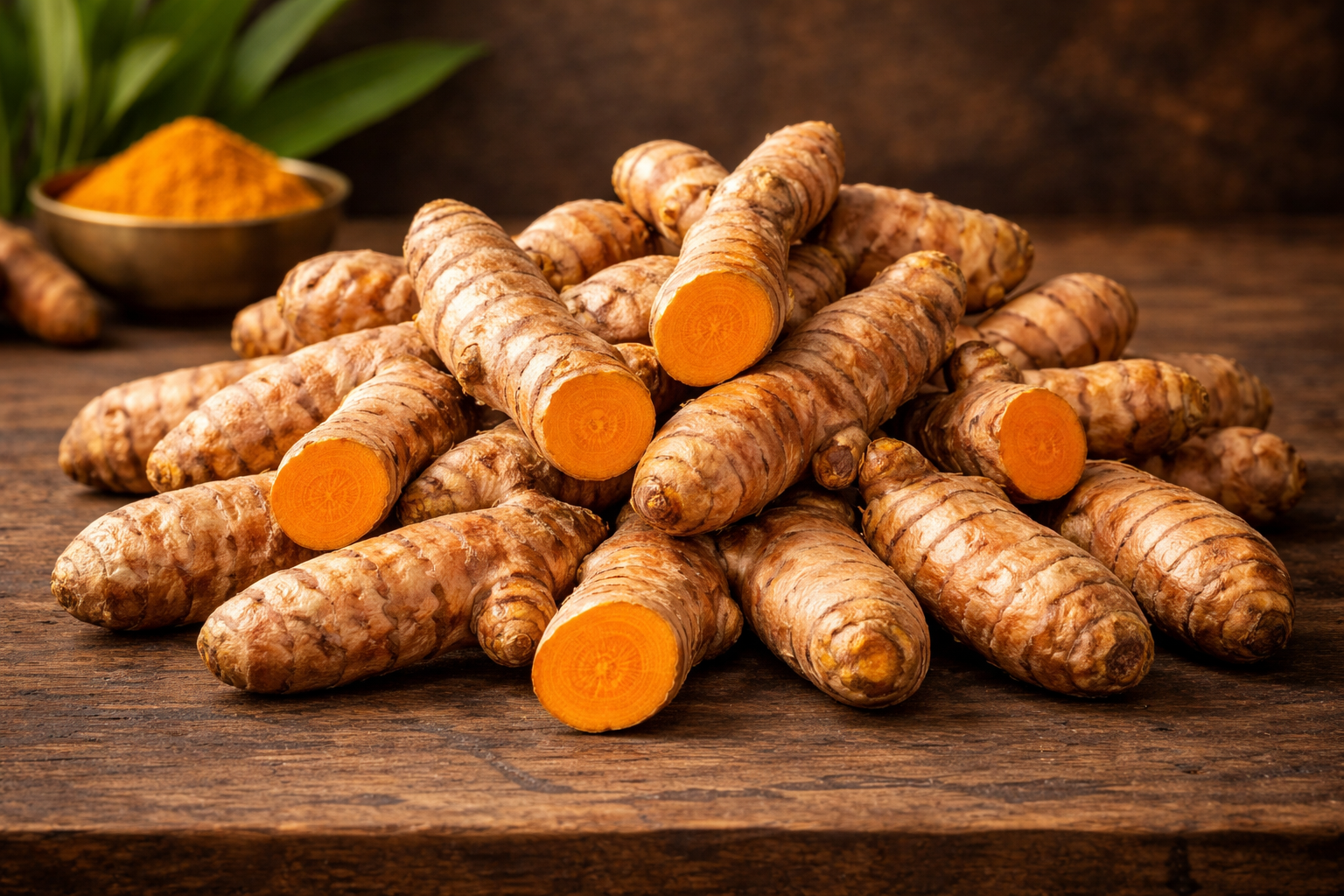 Vibrant golden Lakadong turmeric roots and powder — farm fresh from Meghalaya