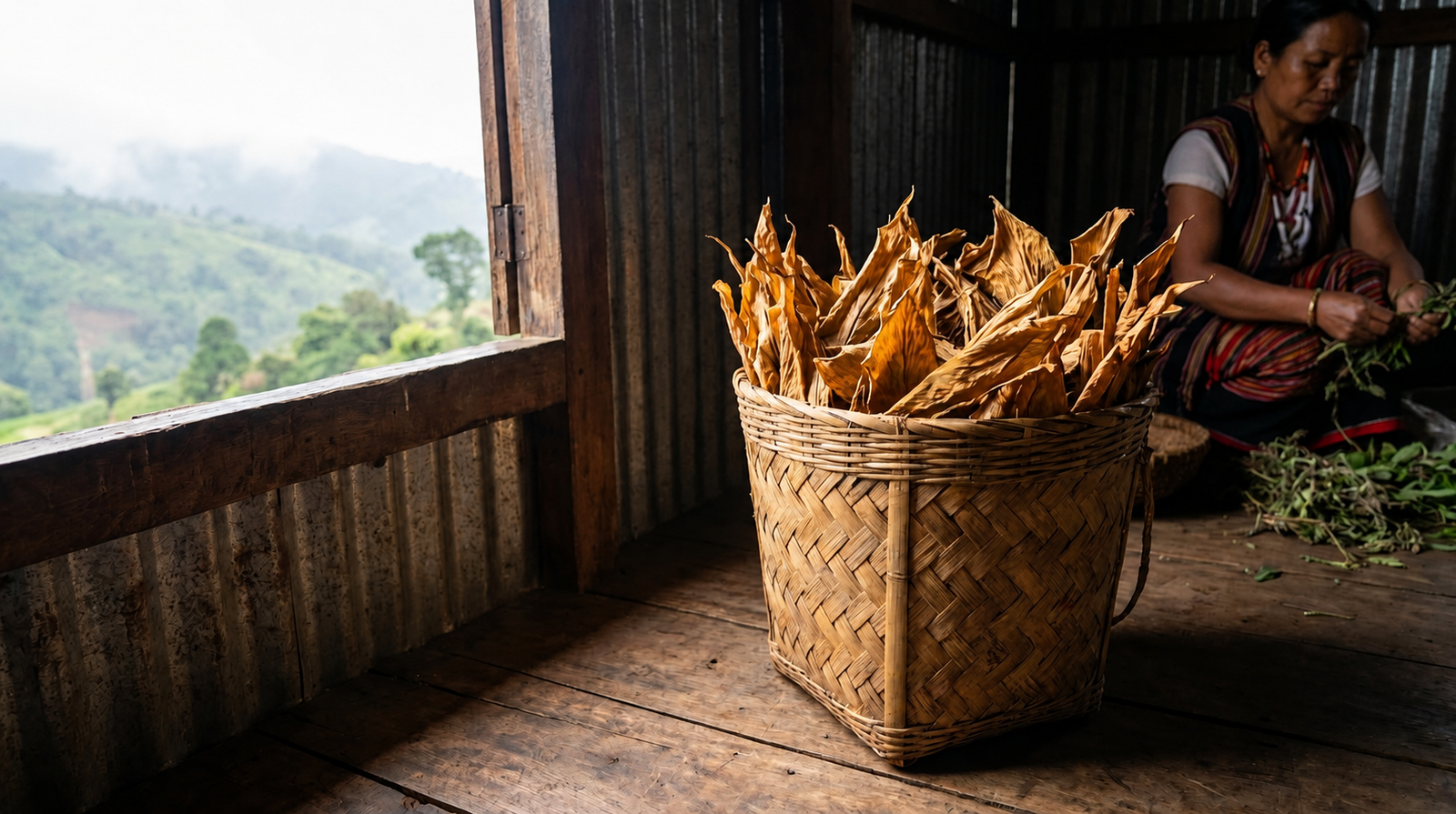 Freshly dug turmeric rhizomes with vivid orange flesh, harvested from plants whose leaves were gathered earlier in the season