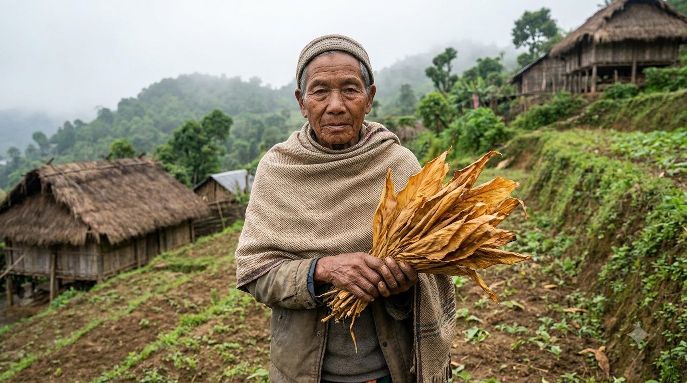 Turmeric plants growing on a hillside farm in the Jaintia Hills, Meghalaya, where the leaves used in regional cooking are hand-harvested
