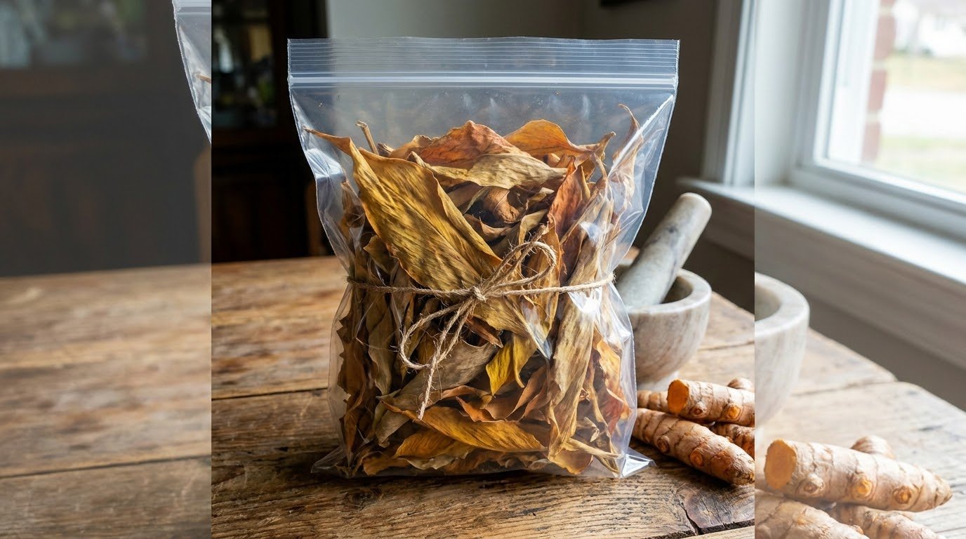 Long, lance-shaped fresh turmeric leaves before harvesting and drying, associated with the best turmeric leaves in the world