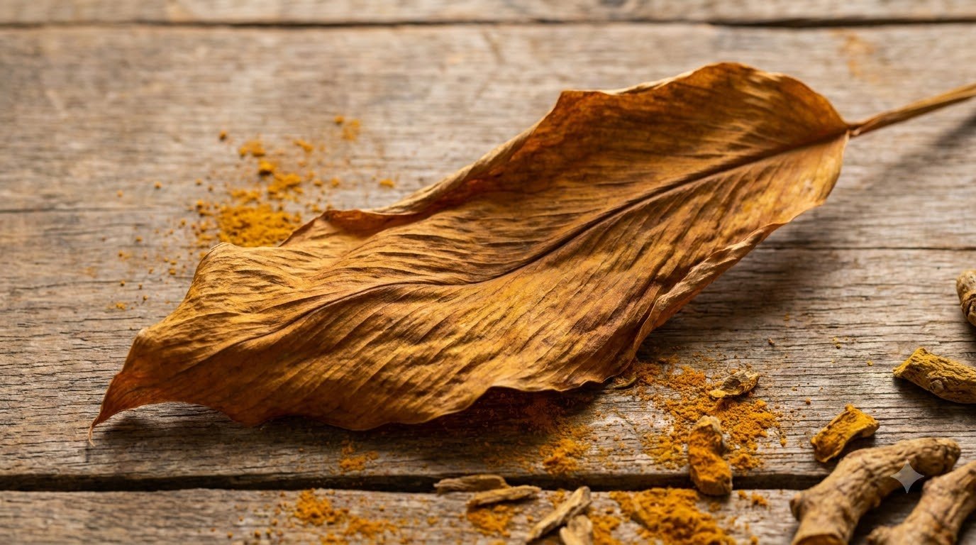 Bundle of whole, shade-dried turmeric leaves tied together, an early sign of good drying and handling