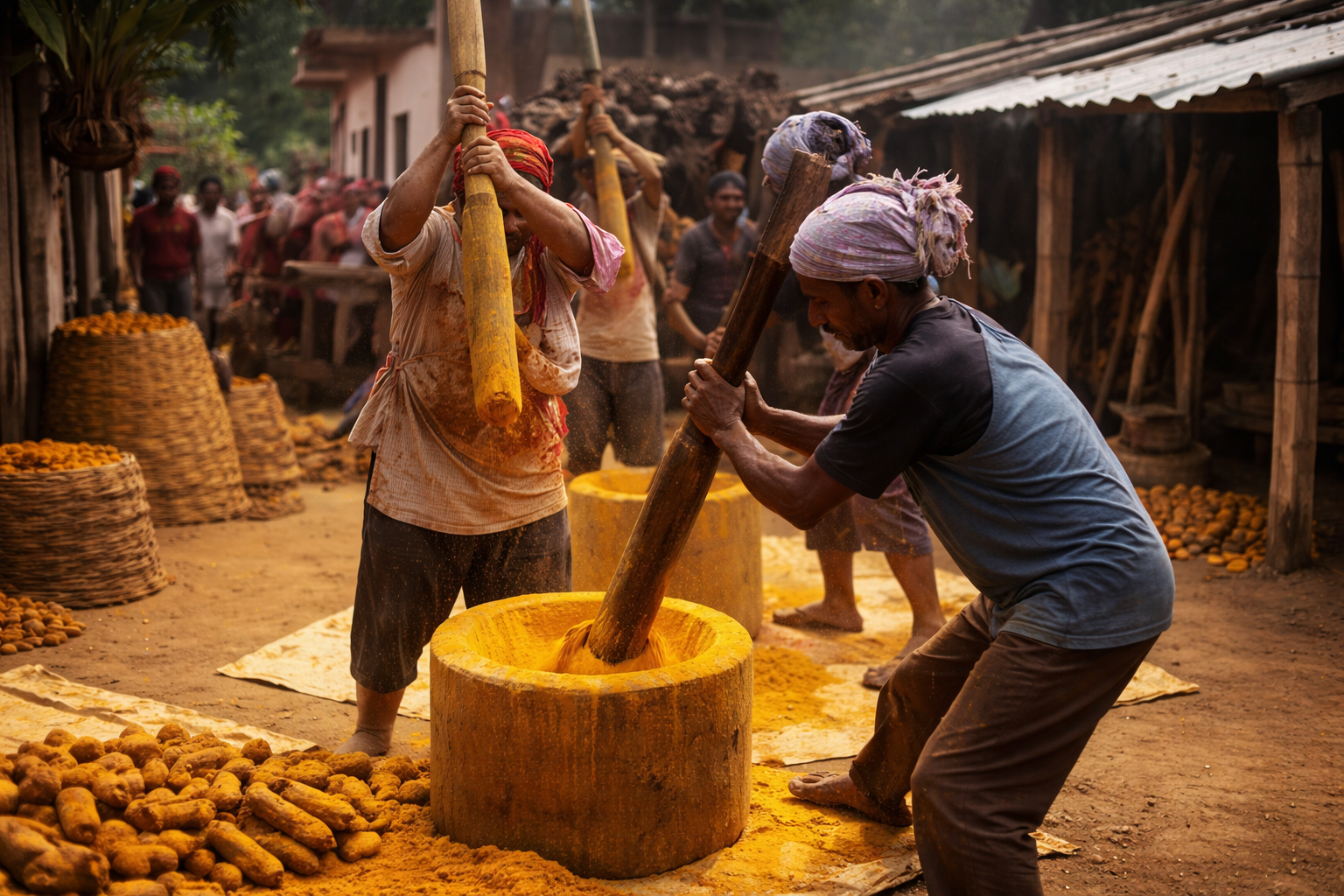 Indian spice market colourful traditional stalls with turmeric and spice powders displayed