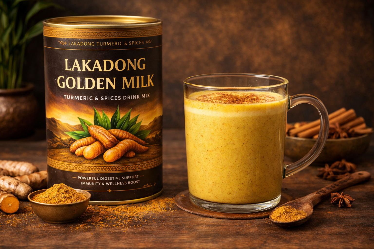 Golden turmeric latte golden milk being prepared in warm kitchen setting with roots and powder