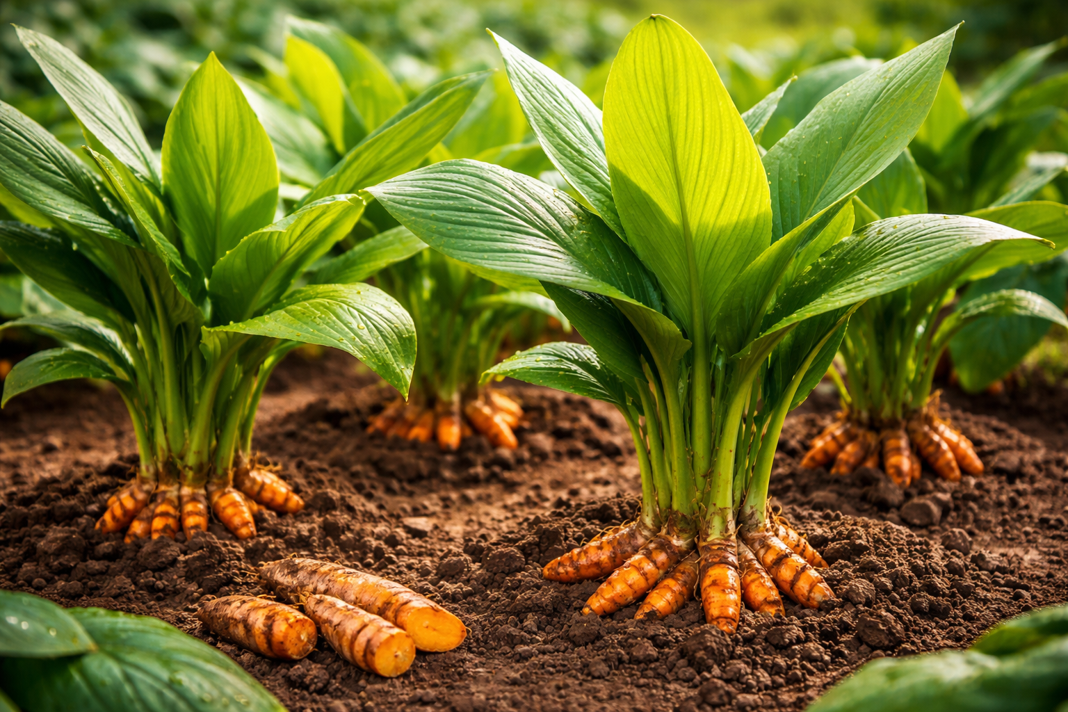 Fresh turmeric rhizomes sliced showing vivid orange interior curcumin concentration